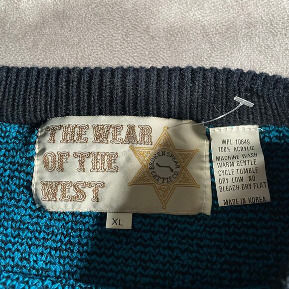 80’s The Wear Of The West Blue Black Cozy Aztec Geometric Patterned Knit Sweater - Picture 3 of 4